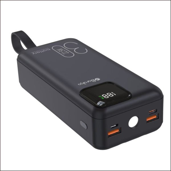 Power Bank 30000mAh Noir Avec 2 Sorties Cable Type-C & Cable Lightning Et 2 Sorties USB & – Baraka BRK-PB04 Noir (30000MAH)