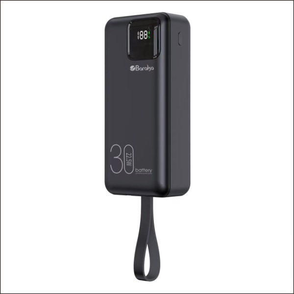 Power Bank 30000mAh Noir Avec 2 Sorties Cable Type-C & Cable Lightning Et 2 Sorties USB & – Baraka BRK-PB04 Noir (30000MAH)