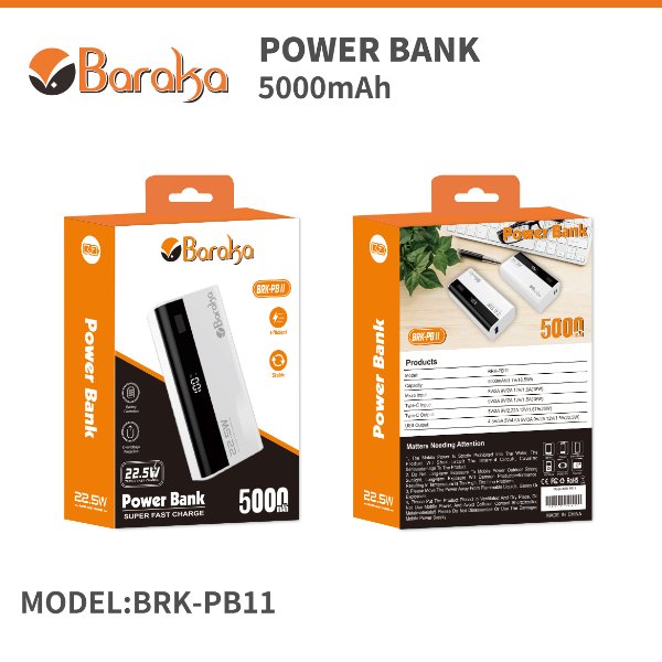 Power Bank 5000mAh Blanc Avec 1 Entrée Micro/Type-C Et 1 Sortie USB + 1 Sortie Type-C – Baraka BRK-PB11 Blanc (5000MAH)