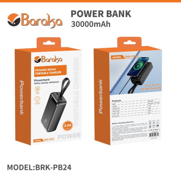 Power Bank 30000mAh Noir Avec 1 Entrée Micro/Type-C Et 2 Sorties USB – Baraka BRK-PB24 Noir (30000MAH)