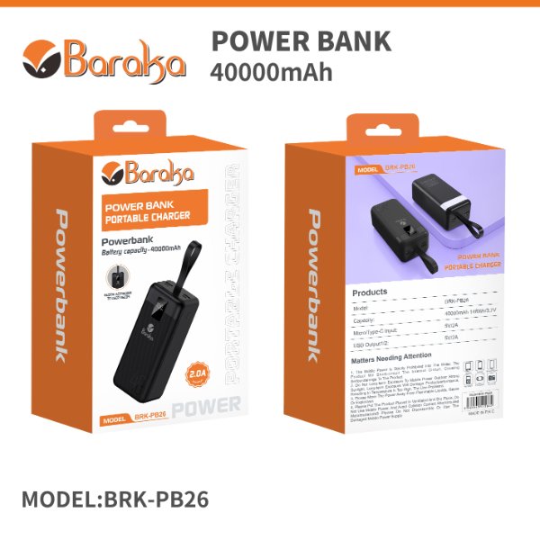 Power Bank 40000mAh Noir Avec 1 Entrée Micro/Type-C Et 2 Sorties USB – Baraka BRK-PB26 Noir (40000MAH)