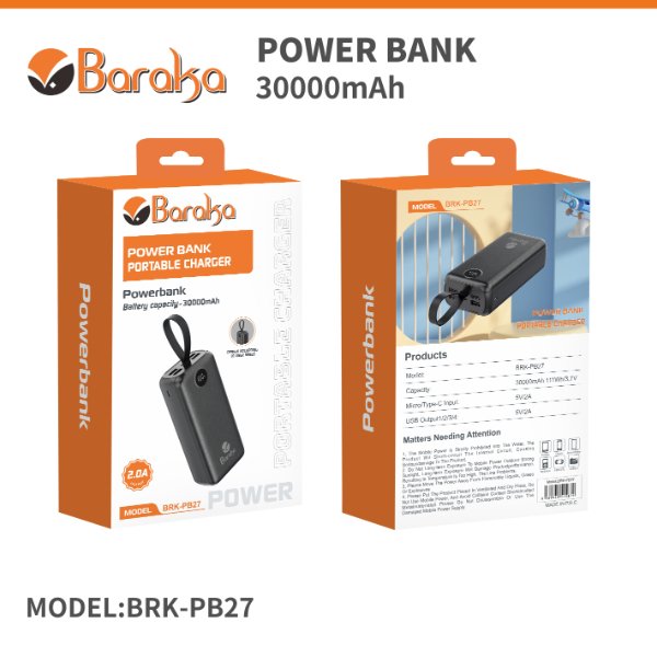 Power Bank 30000mAh Noir Avec 1 Entrée Micro/Type-C Et 4 Sorties USB – Baraka BRK-PB27 Noir (30000MAH)