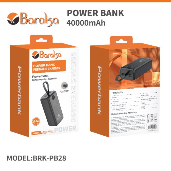 Power Bank 40000mAh Noir Avec 1 Entrée Micro/Type-C Et 4 Sorties USB – Baraka BRK-PB28 Noir (40000MAH)