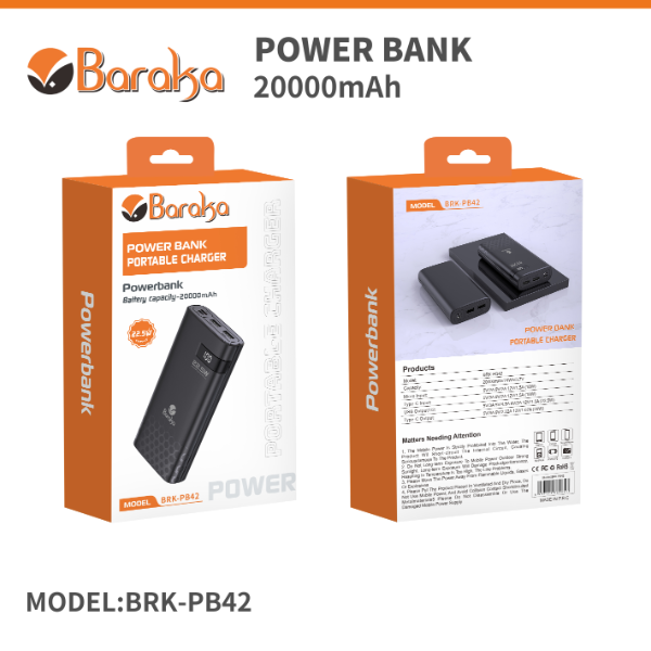 Power Bank 20000mAh Noir Avec 2 Entrées Type-C & Micro + 2 Sorties USB 1/2 & Type-C – Baraka BRK-PB42 Noir (20000MAH)