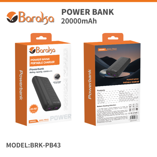 Power Bank 20000mAh Noir Avec 2 Entrées Type-C & Micro + 2 Sorties USB 1/2 & Type-C – Baraka BRK-PB43 Noir (20000MAH)