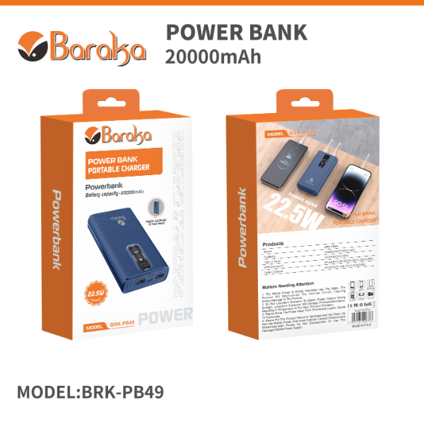 Power Bank 20000mAh Noir Avec 1 Entrée Type-C + 2 Sorties USB 1/2 & Type-C – Baraka BRK-PB49 Noir (20000MAH)