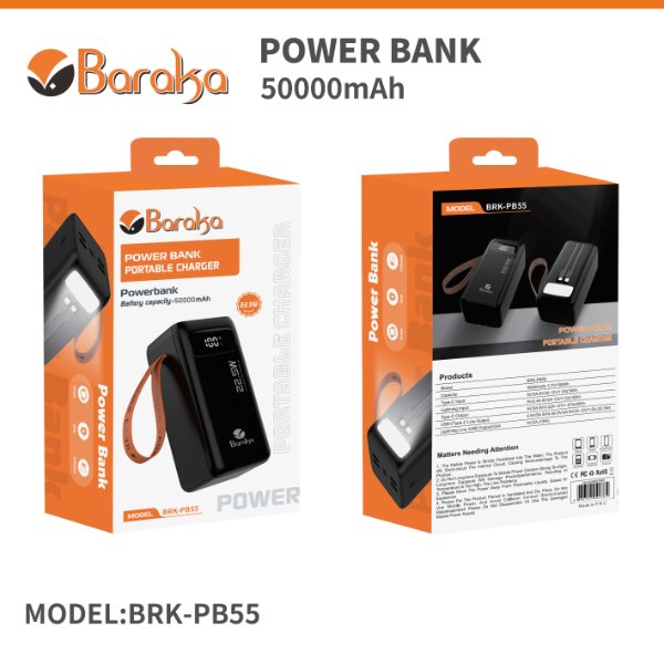 Power Bank 50000mAh Noir Avec 1 Entrée Type-C & Lightning + 1 Sortie Type-C Et 1 Sortie – Baraka BRK-PB55 Noir (50000MAH)