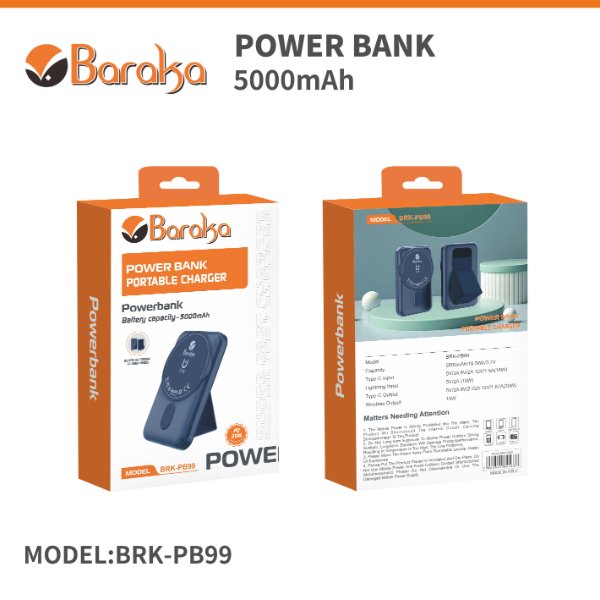 Power Bank Sans Fil 5000mAh Bleu Avec 1 Entrée Type-C Et Lightning + 1 Sortie Type-C Et – Baraka BRK-PB99 Bleu (5000MAH)