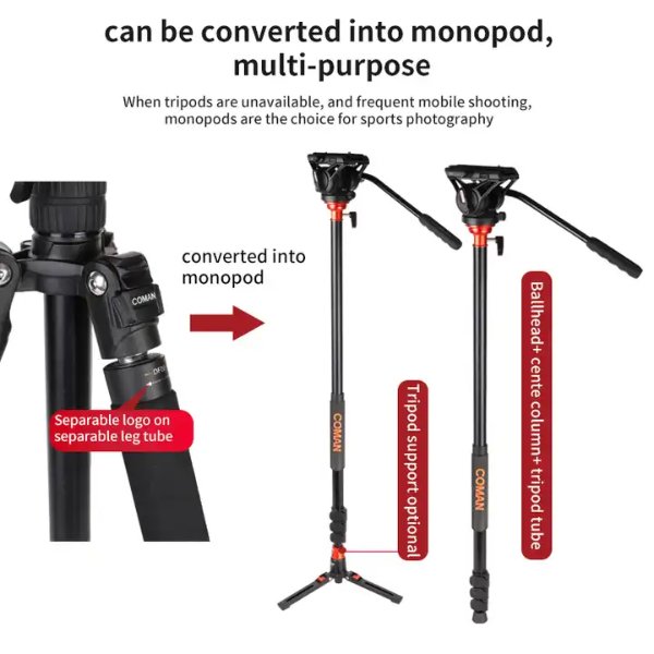 Monopode / Trépied caméra professionnel en aluminium avec tête fluide Q5S – COMAN DF06Q5S