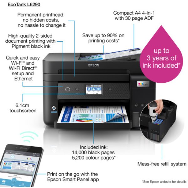 Imprimante multifonction jet d’encre Couleur A4 4-en-1 Recto Verso automatique, (Wi-Fi – Epson EcoTank L6290