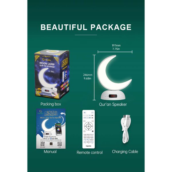 Veilleuse Coranique Lunaire – Design Croissant de Lune Lumineux – Haut-parleur Coran MP3 – Equantu SQ902