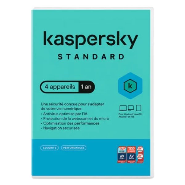 Antivirus – Licence 1 an 4 postes (français, Windows, MacOS, iOS, Android) – Kaspersky Anti-Virus Standard – Licence 4 postes 1 an