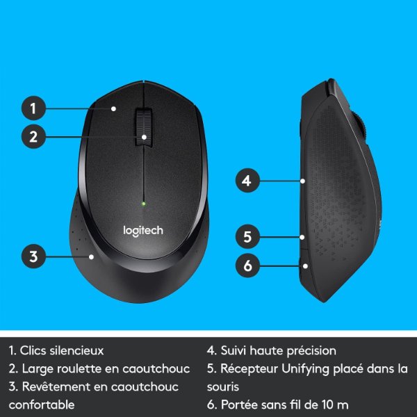 Souris sans fil – droitier – capteur optique 1000 dpi – 3 boutons – Logitech B330 Silent Plus (Original)