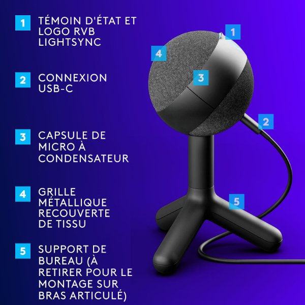 Micro cardioïde USB – rétroéclairage RGB – Logitech G Yeti Orb USB