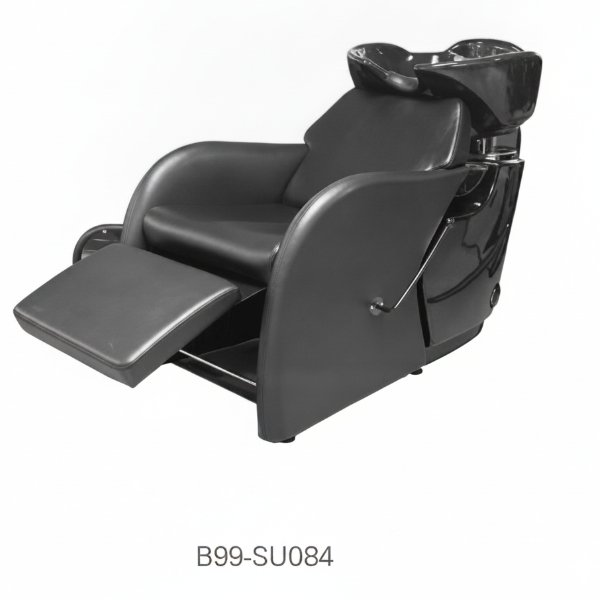 Chaise Barbier/Bac de lavage Professionnel en Vasque Céramique Noire avec Repose-Jambes – Chaise Lave tête B99-SU084