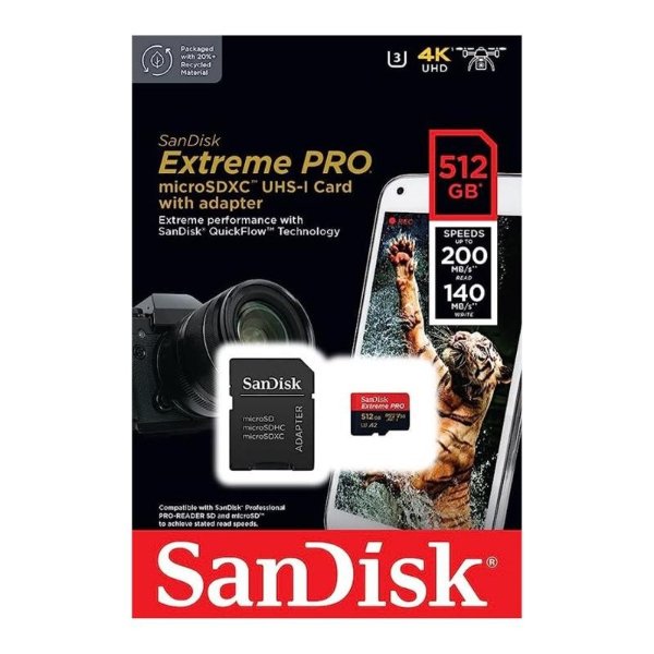 Carte mémoire microSDXC UHS-I U3 512Gb V30 C10 A2 200 Mo/s 140 Mo/s – SanDisk Extreme PRO microSDXC UHS-I U3 512Gb + Adaptateur SD