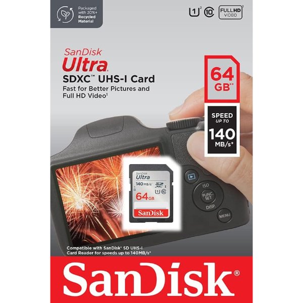 Carte mémoire SDXC UHS-I U1 Classe 10 64Gb 140 Mo/s – SanDisk Ultra SDXC UHS-I U1 64Gb 140 Mo/s