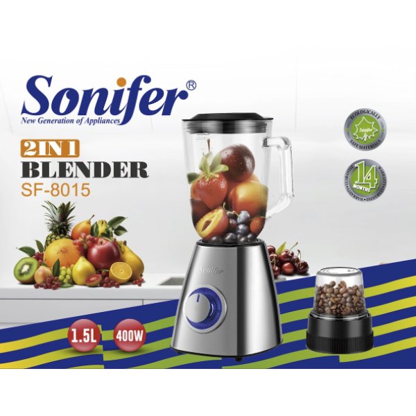 Blender / Mixeur et broyeur électrique. boîtier en acier inoxydable, récipient en verre – Sonifer SF-8015