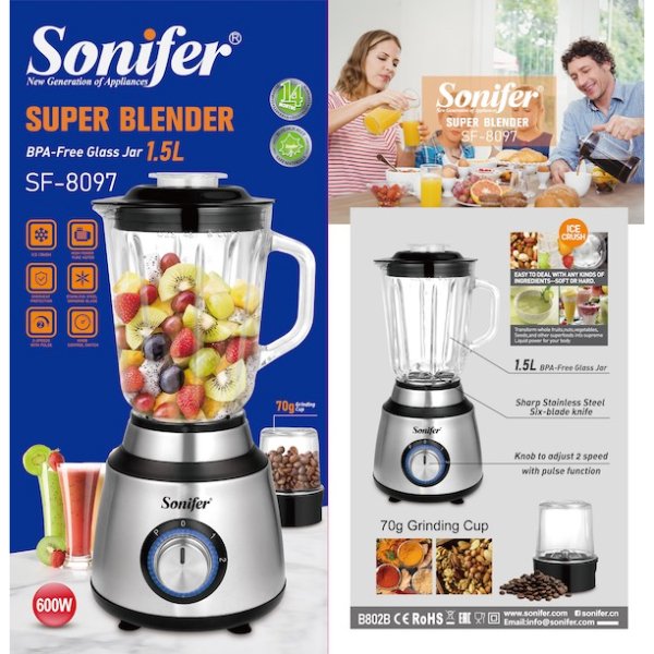 Blender / Mixeur et broyeur électrique puissant avec bol en verre de 1,5 Litres, lames en – Sonifer SF-8097