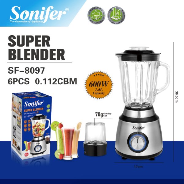 Blender / Mixeur et broyeur électrique puissant avec bol en verre de 1,5 Litres, lames en – Sonifer SF-8097