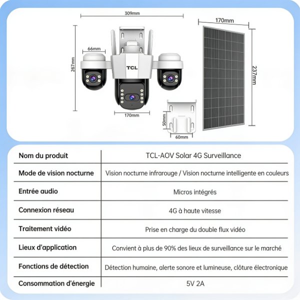 Caméra solaire PTZ AOV 4G double objectif 5MP – TCL C2TD4/G4W19C 4G