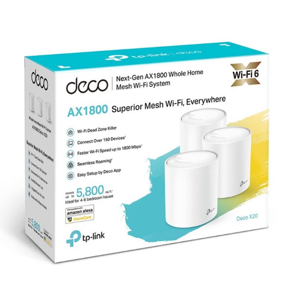 Pack de 3 routeurs WiFi 6 AX1800 Dual-Band (AX1201 + AX574) Mesh avec 2 ports LAN/WAN – TP-LINK Deco X20 (x 3)