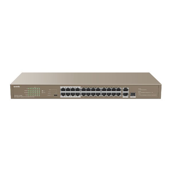 Switch 24 ports 10/100 Mbps PoE+ – 2 ports 10/100/1000 Mbps – 1 SFP | rackable, manageable – Tenda TEF1126P-24-250W