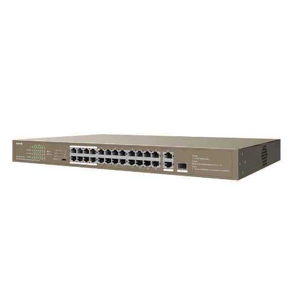 Switch 24 ports 10/100 Mbps PoE+ – 2 ports 10/100/1000 Mbps – 1 SFP | rackable, manageable – Tenda TEF1126P-24-250W