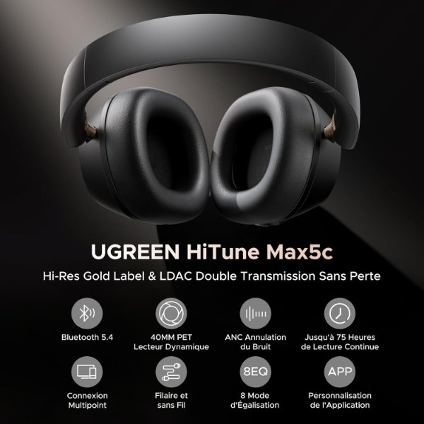 Casque sans fil – Bluetooth 5.4 – Réduction de bruit adaptative – Commandes/Micro – UGREEN HiTune MAX 5C