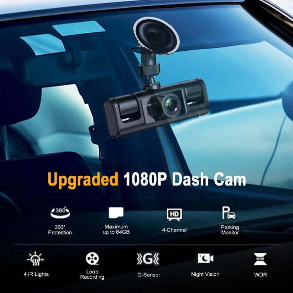 Caméra DVR de voiture Full HD 1080P 360° Vision avant/arrière/gauche/droite avec G-Sensor – DASHCAM GY-S29