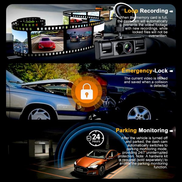 Caméra DVR de voiture Full HD 1080P 360° Vision avant/arrière/gauche/droite avec G-Sensor – DASHCAM GY-S29