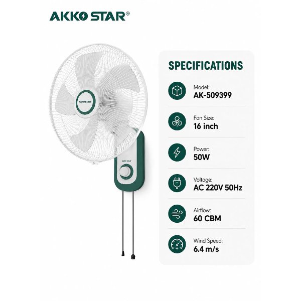 Ventilateur Murale 16 Pouces 50W Blanc/ 16 inch wall Fan – AKKO STAR AK-509399