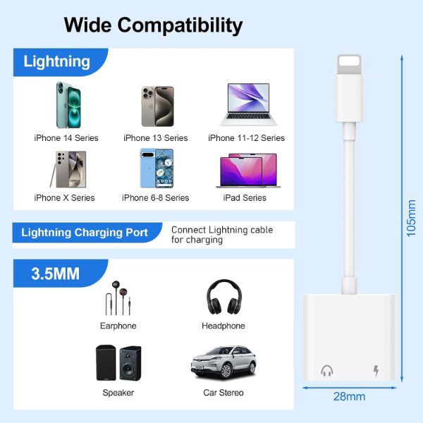 Adaptateur Lightning vers prise casque 3,5 mm 2 en 1, chargeur rapide et répartiteur – Lightning to 3.5mm Adapter JBC029