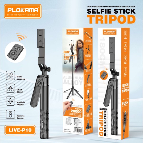 Trépied téléphone/Baton selfie 1.8M, Rotation à 360° – PLOKAMA LIVE-P10