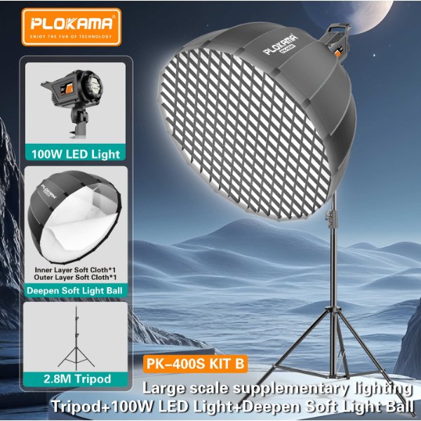 Kit d'éclairage vidéo / Softbox avec Trépied + Projecteur LED 100W + Boule à lumière – PLOKAMA PK-400S KIT B