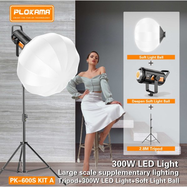 Kit d'éclairage vidéo / Softbox avec Trépied + Projecteur LED 300W + Boule à lumière – PLOKAMA PK-600S KIT A