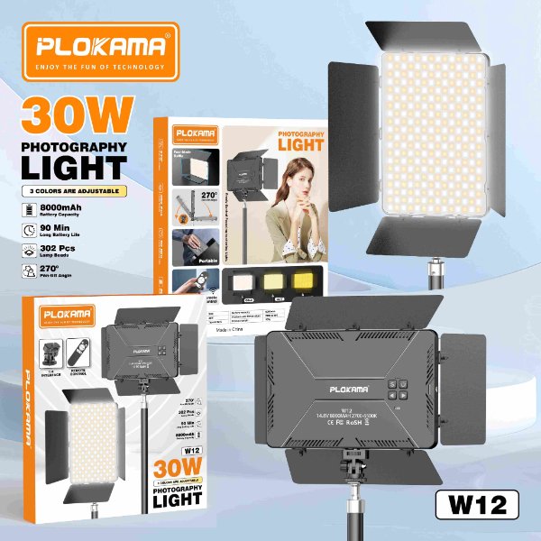 Éclairage vidéo LED rechargeable - Puissance 30 W - 302 LED - Batterie 8000 mAh – PLOKAMA W12