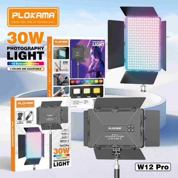 Éclairage vidéo LED rechargeable - Puissance 30 W - 302 LED - Batterie 8000 mAh – PLOKAMA W12 Pro