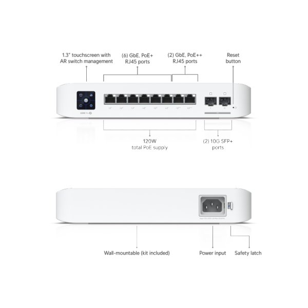 Switch 8 ports Gigabit PoE++ administrable L3 (6 PoE+ et 2 PoE++), 2 ports SFP+ 10G – Ubiquiti UniFi USW-PRO-8-POE