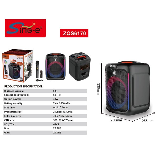 Enceinte/Baffle Bluetooth Rechargeable 30W 6.5 pouces avec micro sans fil et télécommande – SING-E ZQS-6170