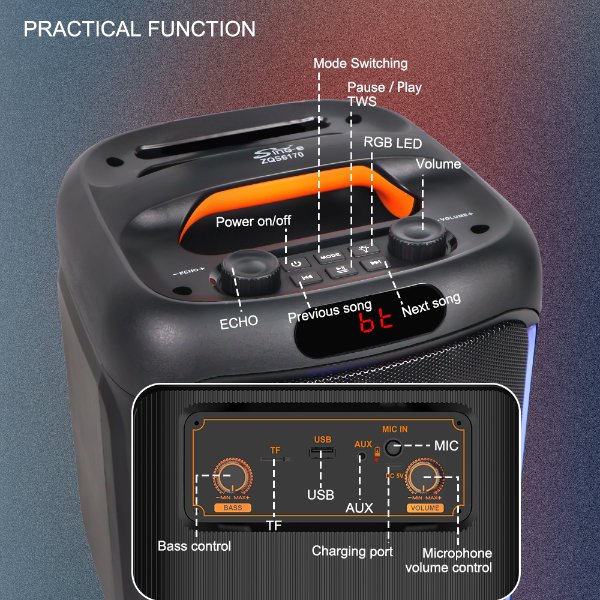 Enceinte/Baffle Bluetooth Rechargeable 30W 6.5 pouces avec micro sans fil et télécommande – SING-E ZQS-6170