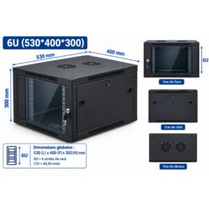 Baie réseau murale 6U 530 × 400 × 300 mm avec Porte vitrée et Ventilation perforée – Coffret Infromatique 6U Ventilo + Multiprise 530*400*300