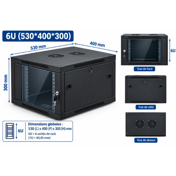 Baie réseau murale 6U 530 × 400 × 300 mm avec Porte vitrée et Ventilation perforée – Coffret Infromatique 6U Ventilo + Multiprise 530*400*300